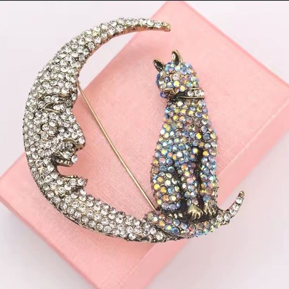 Betsey Johnson Crystal Cat Moon Brooch - Picture 9 of 15